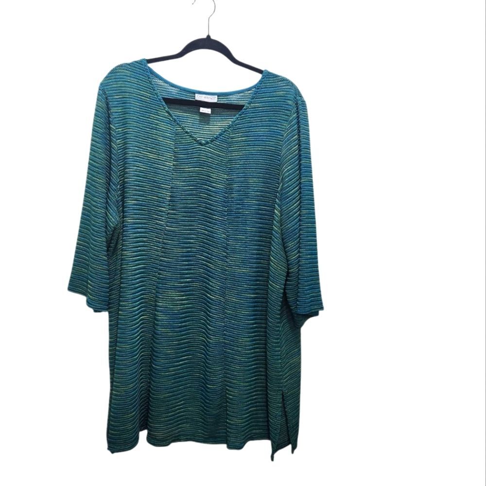 Catherines V-Neck Blue Green Textured Tunic/ Swim Cover Up Plus Size 1X 18/20